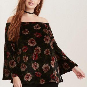 Torrid Floral Print Velvet Off the Shoulder Bell Sleeve Top